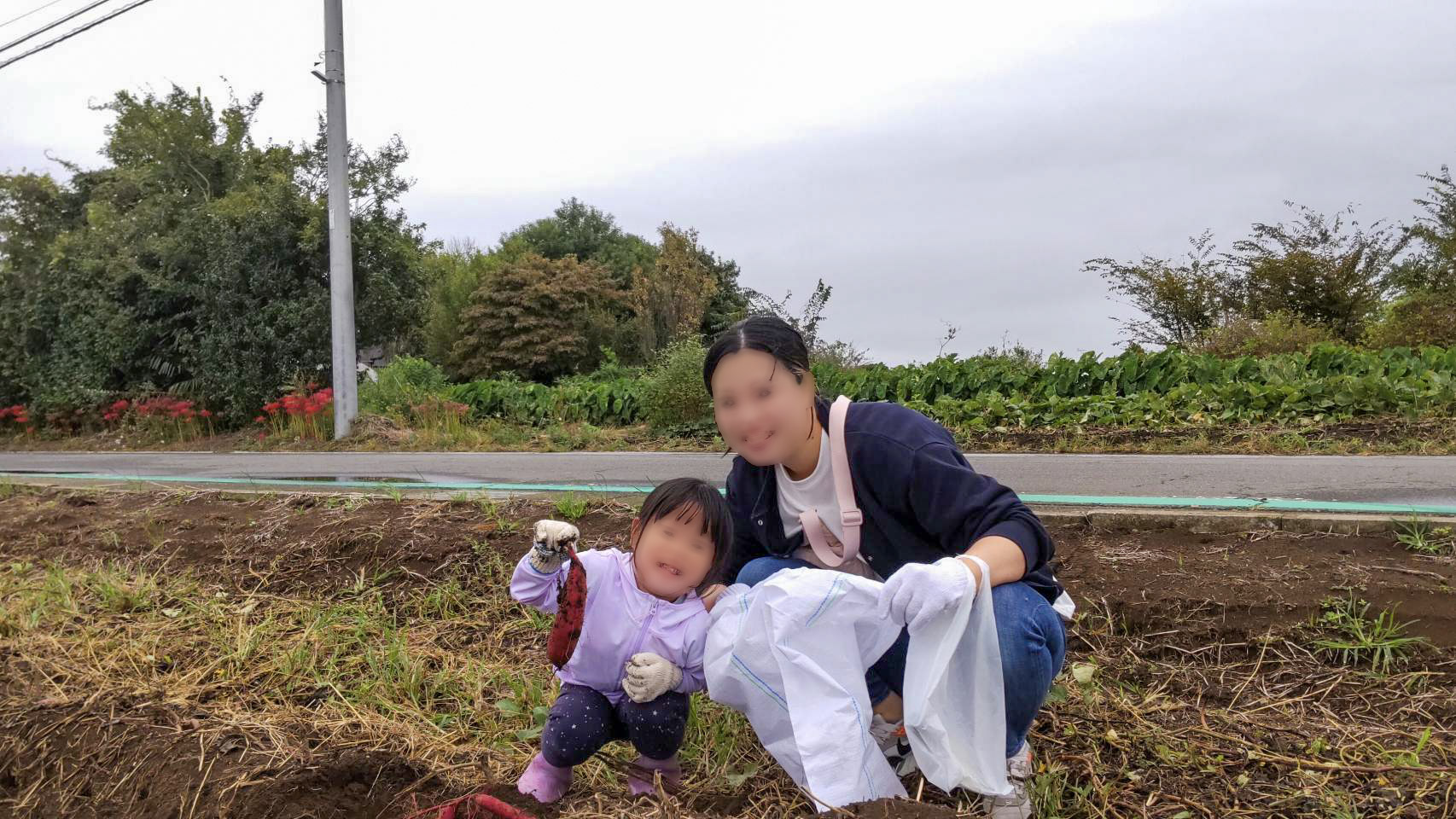 収穫したさつまいもを手にする親子