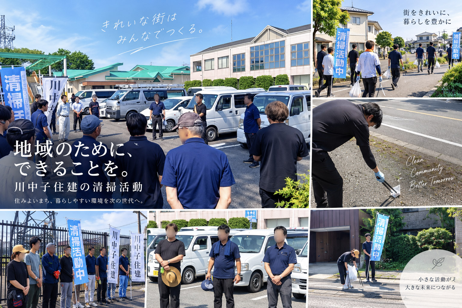 川中子住建のスタッフが地域の道路を清掃するボランティア活動の様子